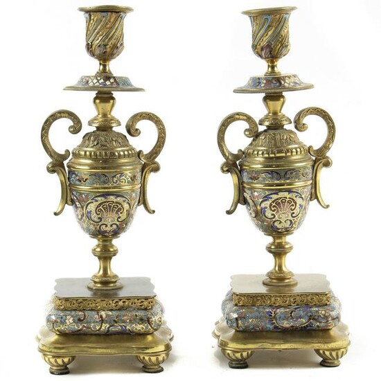 Pair Louis XV style champleve enamel candelabra