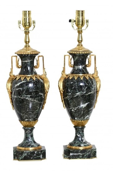 Pair Louis XVI Style Gilt Bronze & Black Marble Lamps