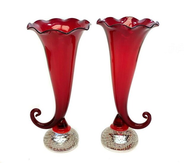 Pair Murano Art Glass Cornucopia Vases