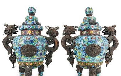 Pair Of Large Chinese Cloisonne Tripod Phoenix & Dragon Censers