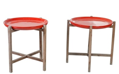 Pair Orange Ceramic Pottery Top & Wood Base Tables