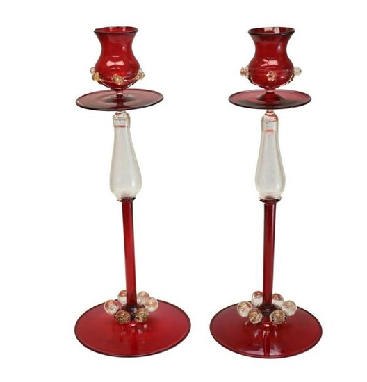 Pair Venetian Cranberry Red Art Glass Candle Sticks