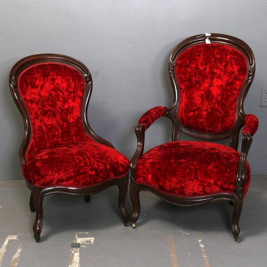 Pair Victorian Carved Walnut & Velvet Parlor Chairs