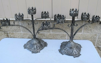 Pair Wrought Iron Candelabra Altar Candlesticks + 5