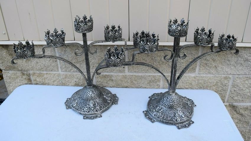 Pair Wrought Iron Candelabra Altar Candlesticks + 5