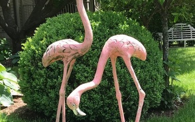 Pair if Cast Stone and Iron Flamingos