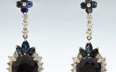 Pair of 14K White Gold Earrings, the sapphire mounted