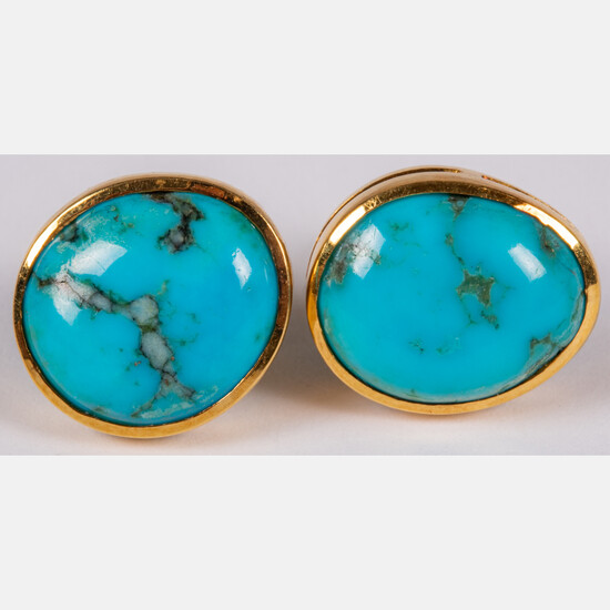 Pair of 18kt Yellow Gold and Turquoise Earrings