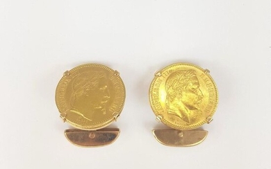 Pair of 750 gold SLEeves BUTTONS ‰ decorated with 2 pieces of 20 francs Napoleon III, weight 27,7 g