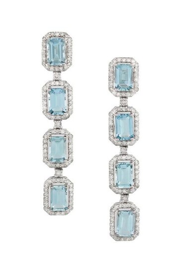 Pair of Aquamarine and Diamond Earrings