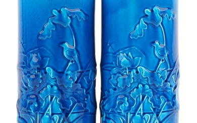Pair of European aesthetic blue glazed cylindrical simulated...