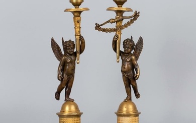 Pair of French Angels Gilt Bronze Sculpture Candelabrum, 18th Century