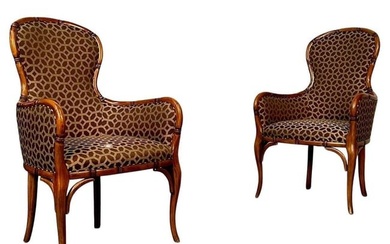 Pair of Fruitwood French Bamboo Carved Arm / Club / Accent Chairs, Kravet Fabric