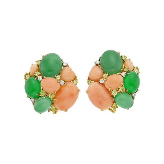 Pair of Gold, Angel Skin Coral, Green Onyx, Peridot and Diamond Cluster Earclips
