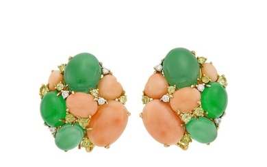 Pair of Gold, Angel Skin Coral, Green Onyx, Peridot and Diamond Cluster Earclips