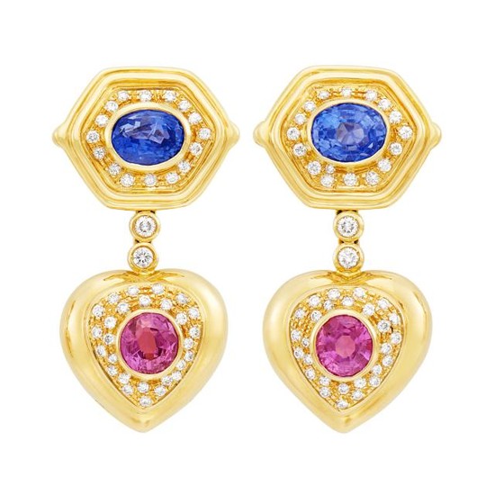 Pair of Gold, Sapphire, Pink Sapphire and Diamond Pendant-Earrings