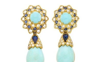 Pair of Gold, Turquoise, Diamond and Sapphire Pendant-Earclips