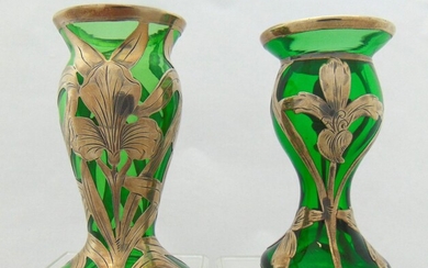 Pair of Green silver overlay glass vases