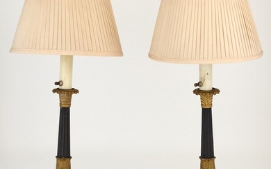 Pair of Louis XVI Gilt and Patinated Bronze Candlestick Lamps