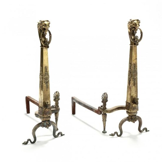 Pair of Neoclassical Style Figural Brass Andirons