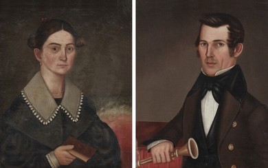 Pair of Portraits: a Gentleman with Horn and a Lady with Lace Collar: Mr. and Mrs. F.E. Holt of Cabot, Vermont, Horace Bundy