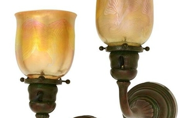 Pair of Tiffany Studios Sconces with Favrile Glass "Pulled Feather" Shades