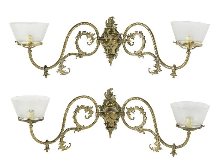 Pair of Victorian Brass and Glass Sconces