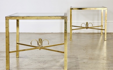 Pair of square gilt brass side tables with glass tops...