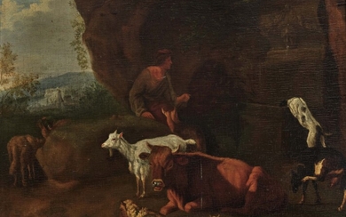 Pays-Bas17e s. Berger avec animaux au puits huile sur bois. 41 x 54,4 cm. Reposez-vous....