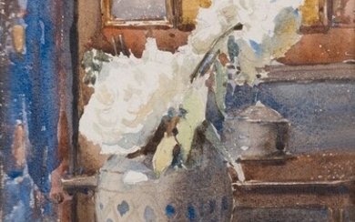 Pierre VIGNAL (1855-1925) Roses blanches dans un vase Aquarelle signée en bas à gauche. Dim....