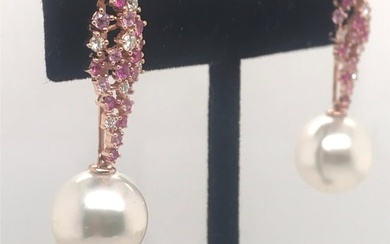 Pink Sapphire Diamond South Sea Pearl Earrings 1.41 Carat 18 Karat Rose Gold