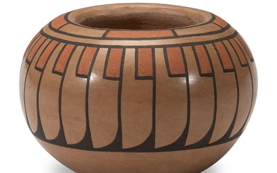 Polychrome Pottery Jar with Repeating Feathers,Crucita Calabeza, Blue Corn
