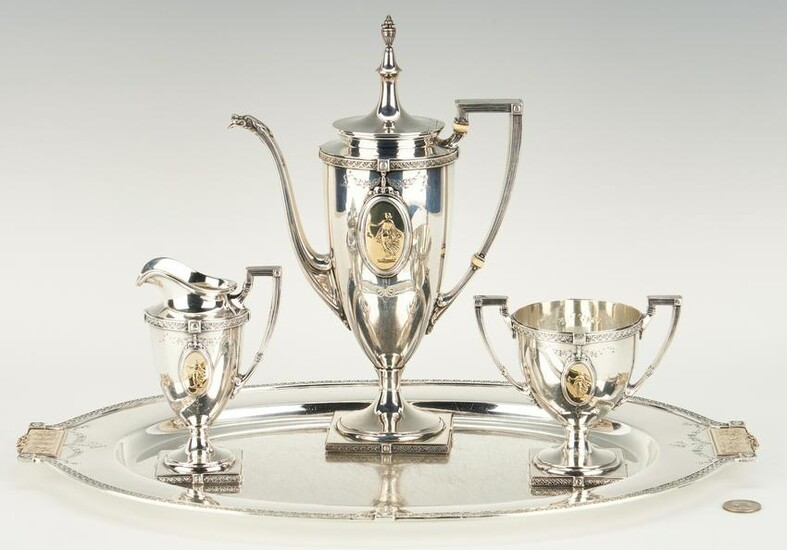 Pompeiian Sterling Bachelor Tea Set and Sterling Tray