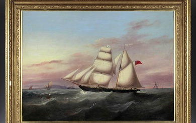 Portrait de capitaine. Angleterre, vers 1840, non signé, huile sur toile doublée, deux-mâts anglais au...
