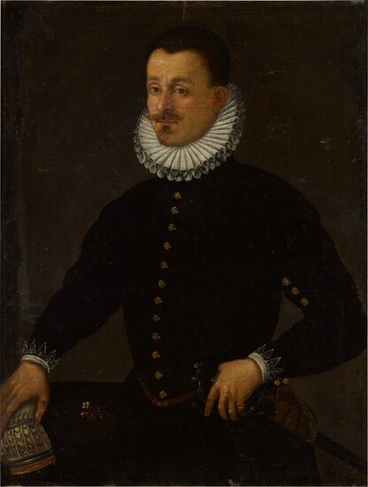 Portrait of a Gentleman, three-quarter length, facing left, resting his right hand on a silver object, North Italian School, 17th Century