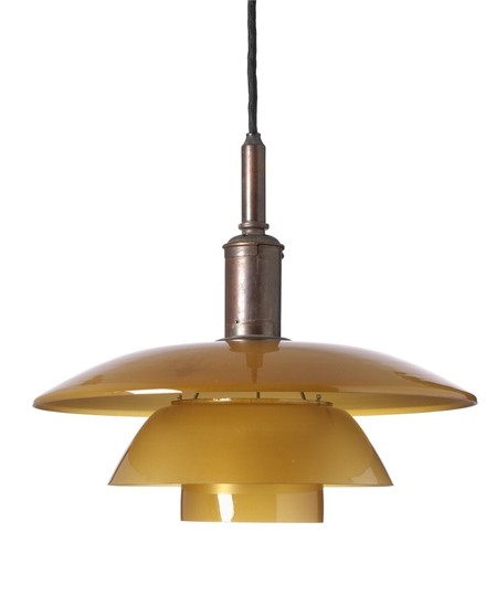 Poul Henningsen: “PH-4/4”. Pendant with browned canopy and socket house marked “Patented”. Amber coloured glass shades.