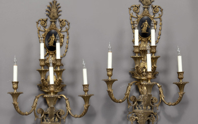 Pr. French 5-light bronze & patinated wall sconces