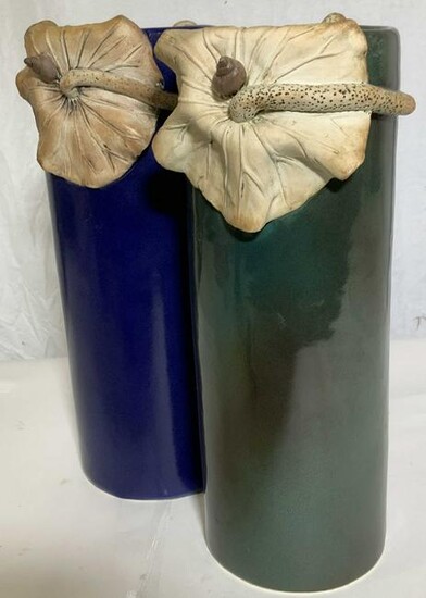 Pr JAPANESE Glazed Vases w Flower and Snail Relief