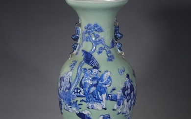 QING DYNASTY BEAN GREEN GLAZE BLUE AND WHITE EIGHT IMMORTALS CHARACTER STORY PATTERN DOUBLE-EAR PAN