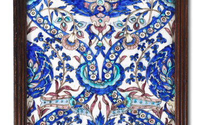 Qajar underglaze-painted moulded pottery tile Persia, circa 1880