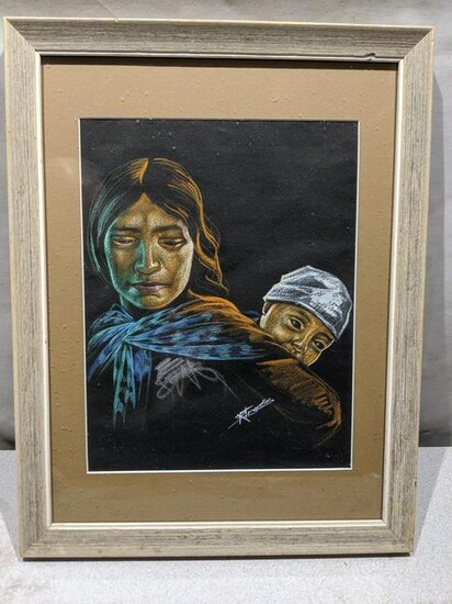 R Trigueros Pastel Painting Native American Mother Baby