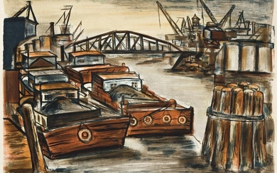 RIVA HELFOND (1910-2002) Barges on Canal.