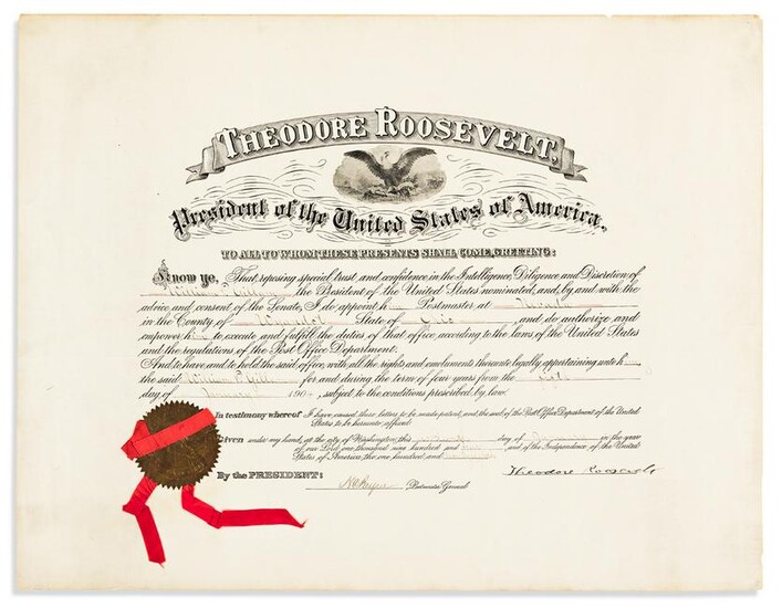 ROOSEVELT, THEODORE. Partly-printed Document Signed, as