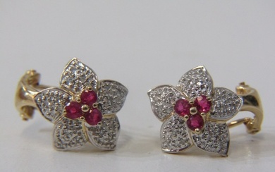 RUBY & DIAMOND EARRINGS, pair of ruby and diamond flower des...