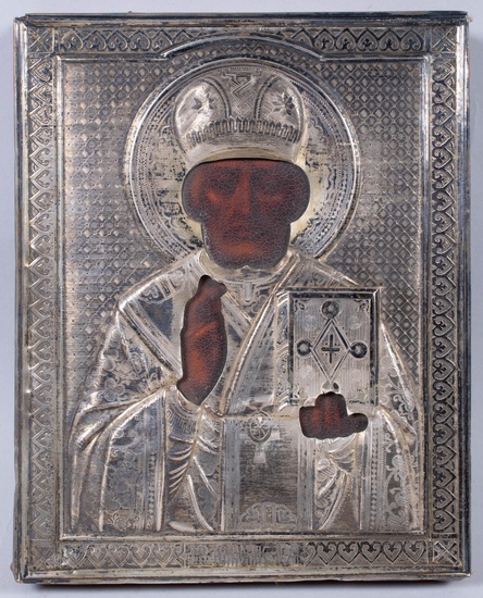 RUSSIAN, 19TH CENTURY, ICON OF ST. NICHOLAS, 8 3/4 x 7 in. (22.2 x 17.8 cm.)