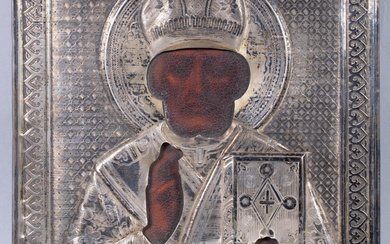 RUSSIAN, 19TH CENTURY, ICON OF ST. NICHOLAS, 8 3/4 x 7 in. (22.2 x 17.8 cm.)
