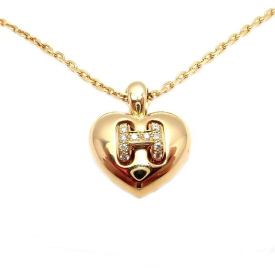Rare! Authentic Hermes 18k Yellow Gold Diamond H Heart Pendant Necklace 14.5"