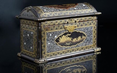 Rare Namban.lacquer miniature chest of rectangular shape with a domed lid decorated in gold hiramaki-e lacquer on a black background, reserved lobed cartouches on a shagreen background, animated landscape of birds and rabbits, the borders decorated...