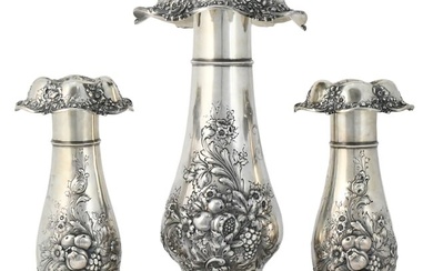 Reed & Barton, Monumental Set of Three Sterling Silver Repoussé Vases