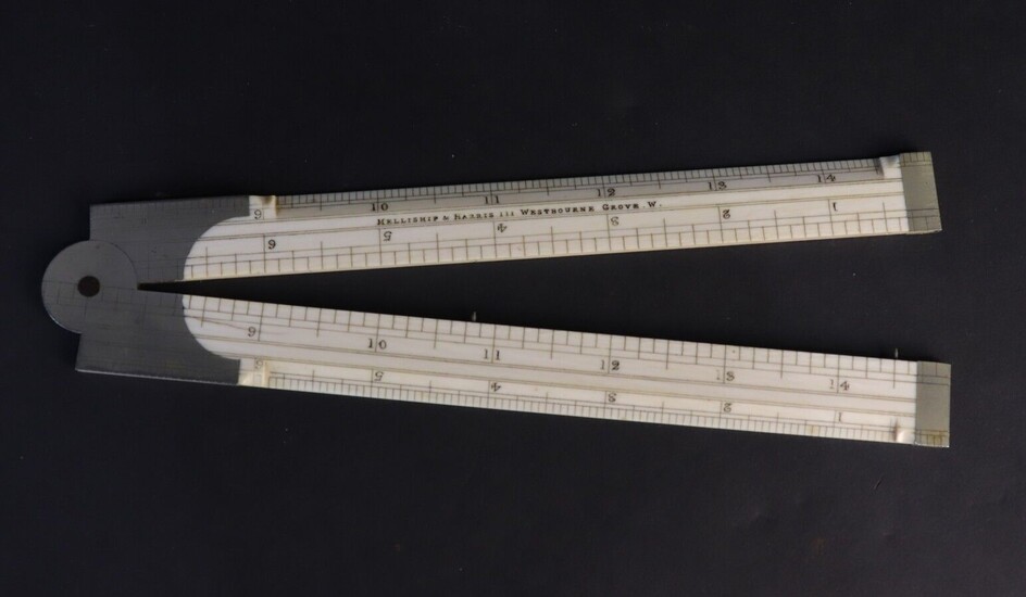 Ivory folding navigation ruler on metal stand. Melliship & Barris 111 Westbourne Growe W England. 19TH CENTURY